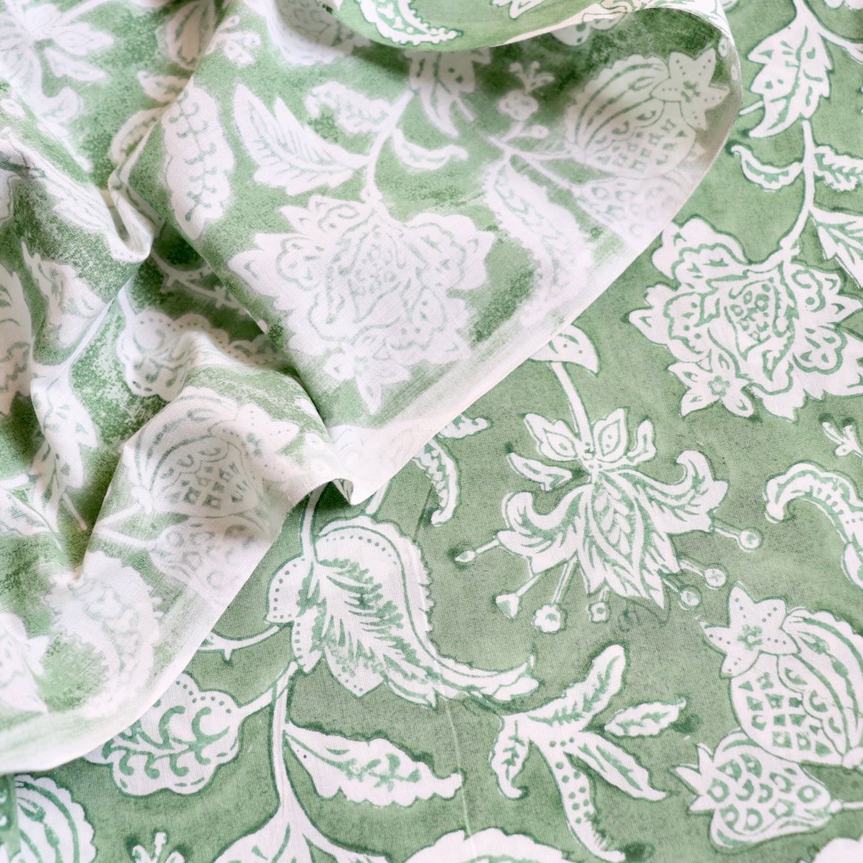 green and white traditional floral hand block print cotton fabric