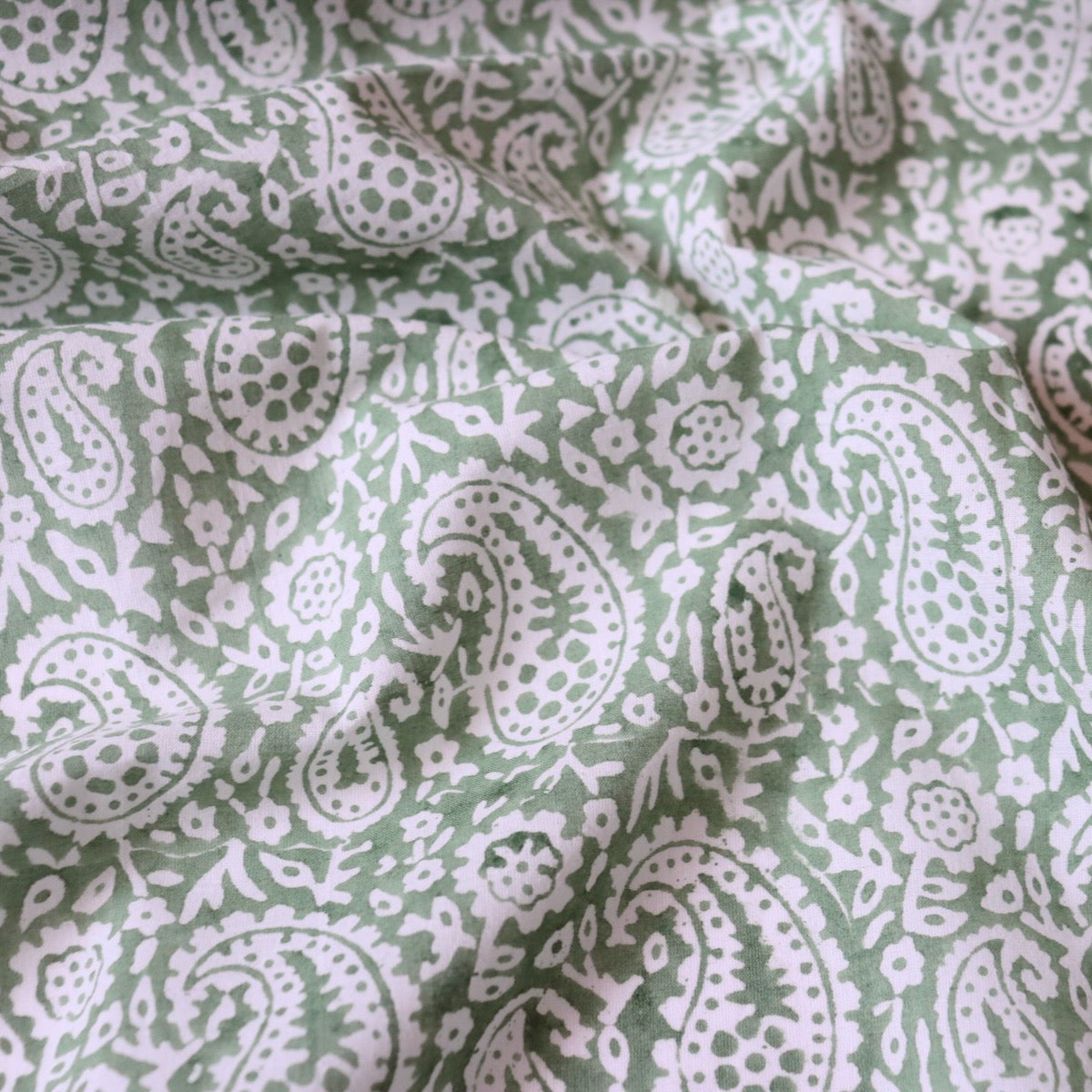 Moss Green Paisley Block Print Cotton
