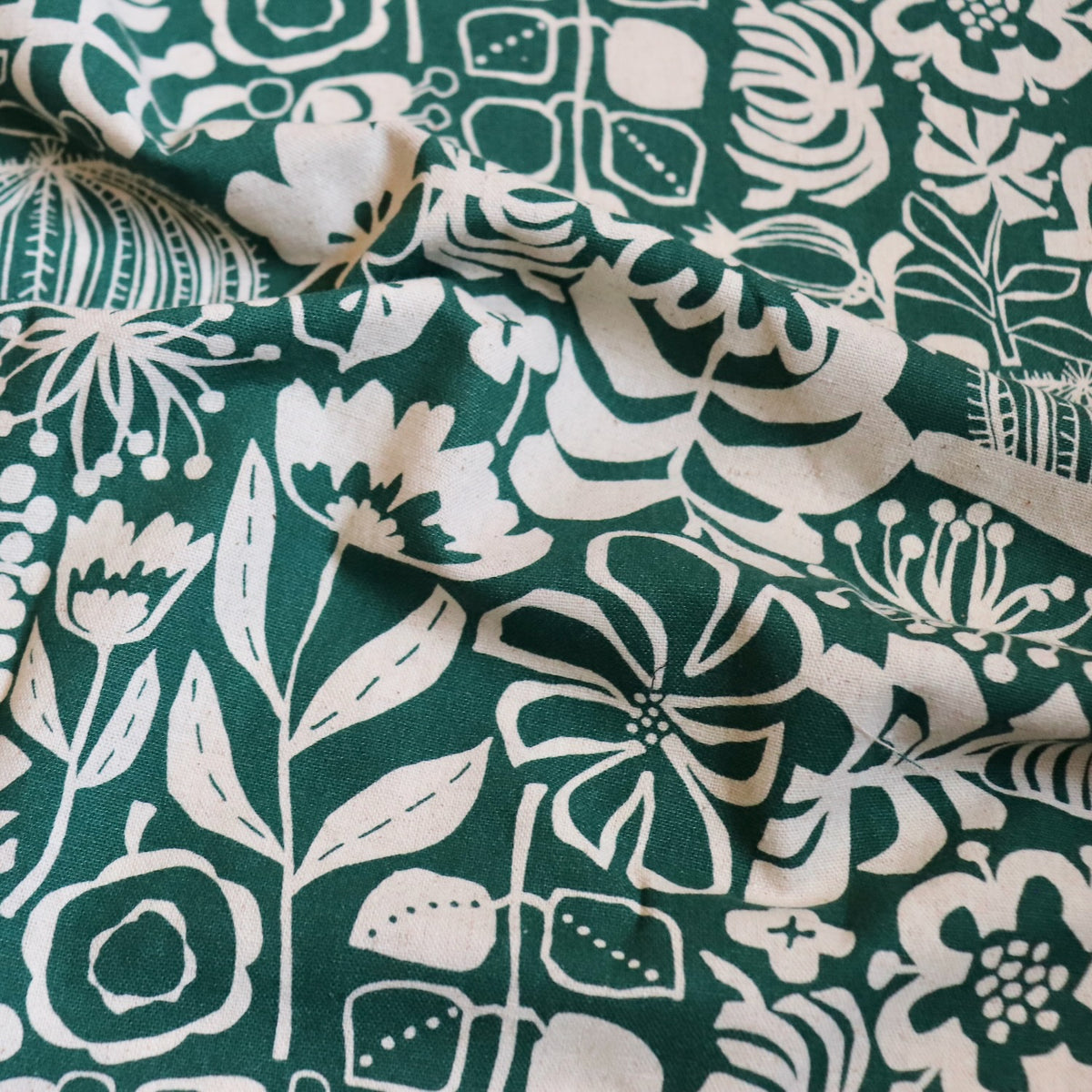 green and natural linen cotton fabric with large leaf design from Japan