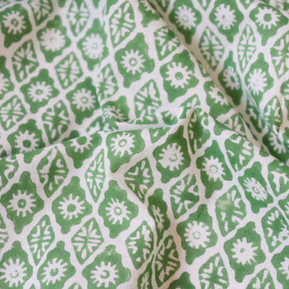 green and white Indian block print cotton fabric