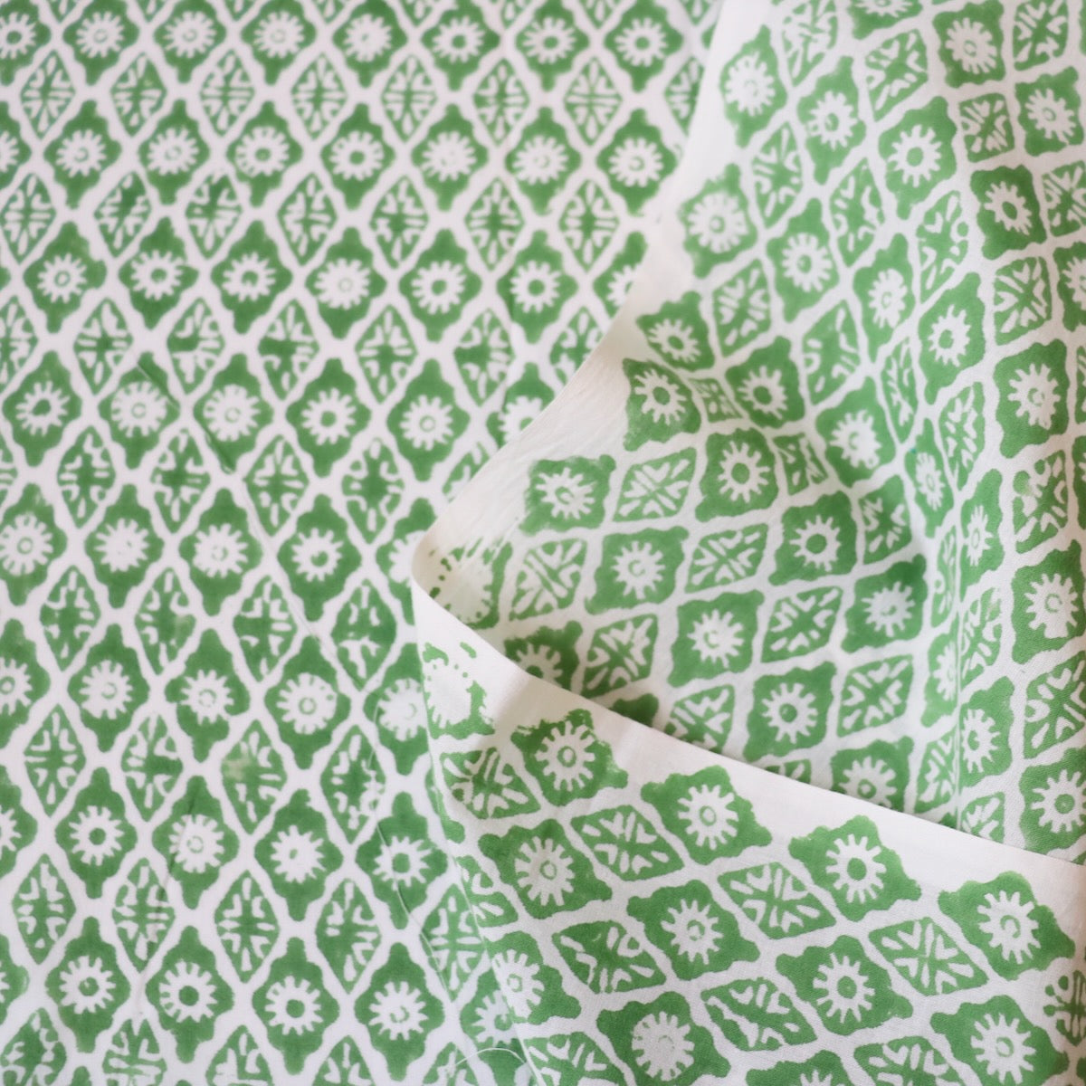 green and white Indian block print cotton fabric