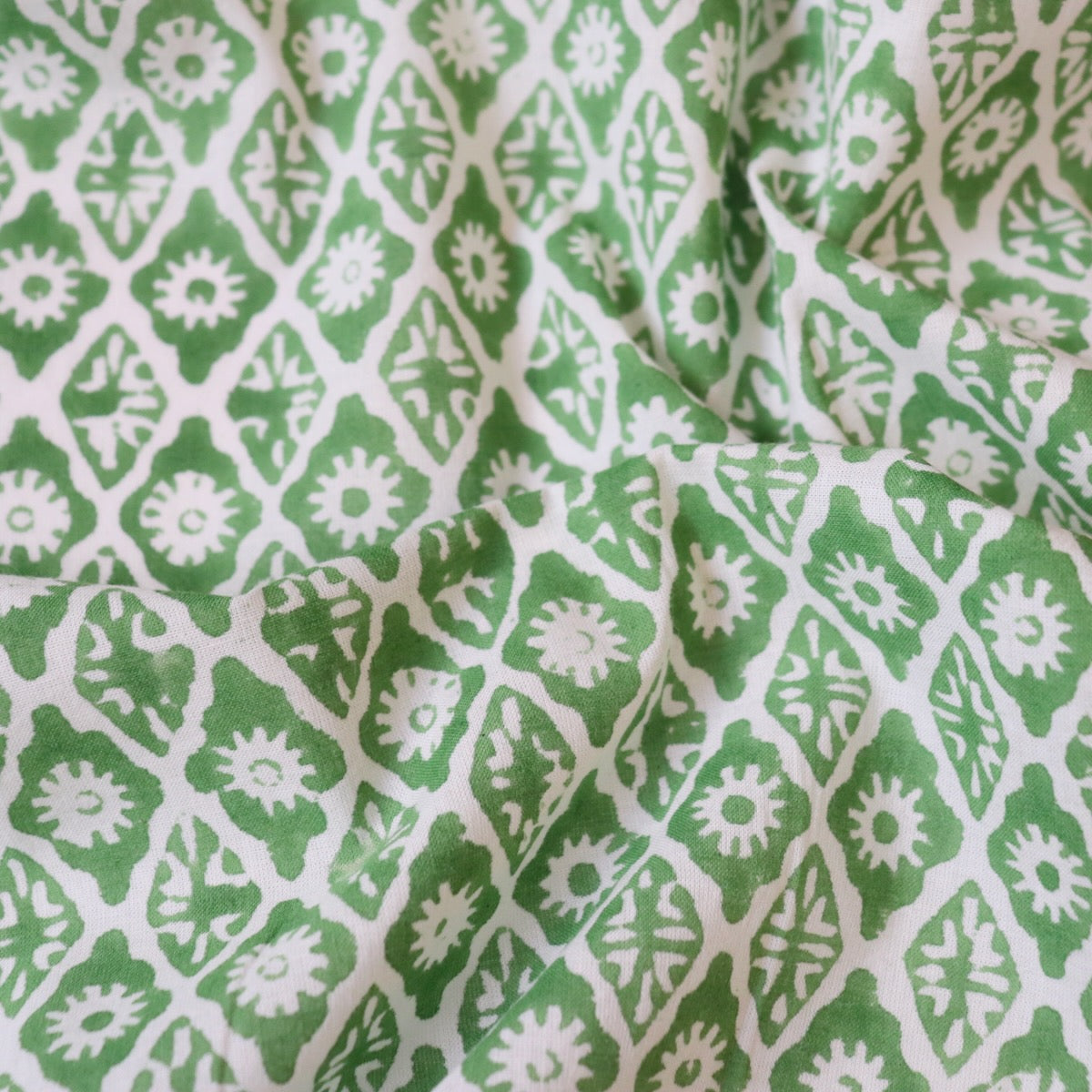 green and white Indian block print cotton fabric