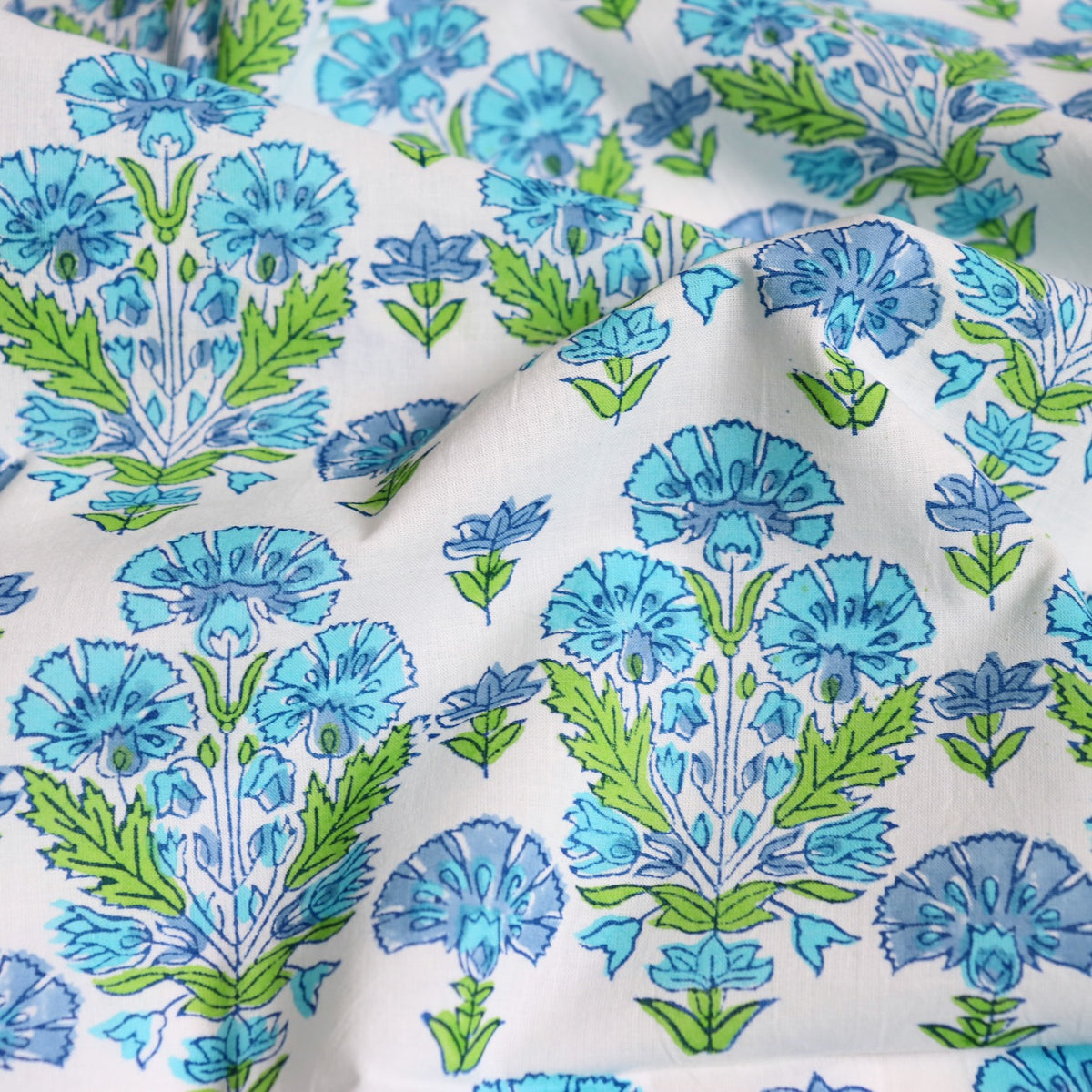 blue and white floral hand block printed cotton fabric made in India