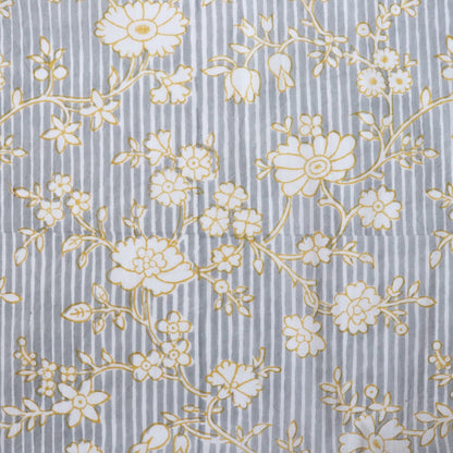 grey and white striped floral print cotton fabric hand block printed in India
