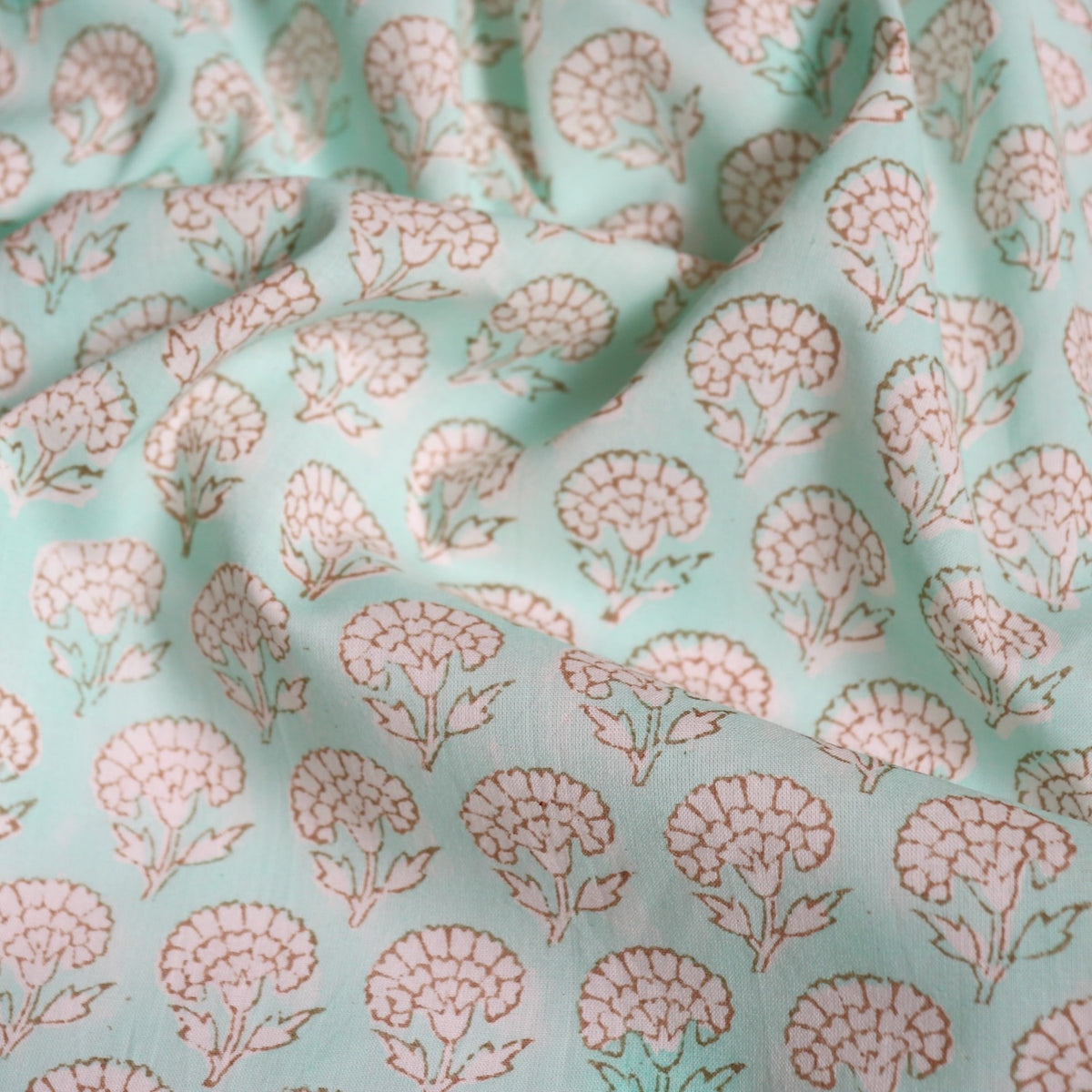 pale mint green floral block printed cotton fabric