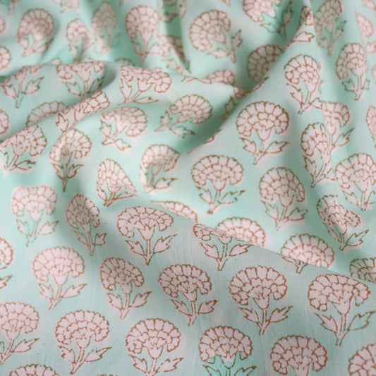 pale mint green floral block printed cotton fabric