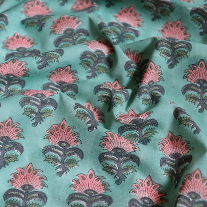 Teal Feather Flower Block Print Cotton