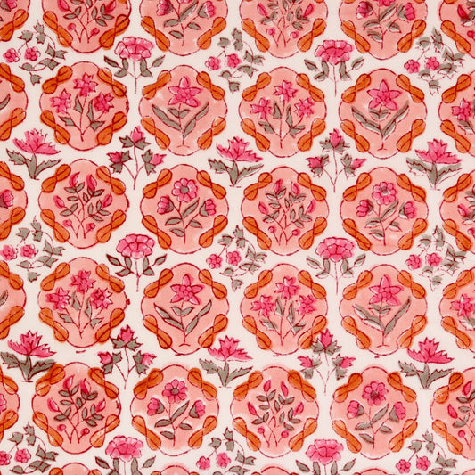 Indian block print floral fabric coral pink cotton
