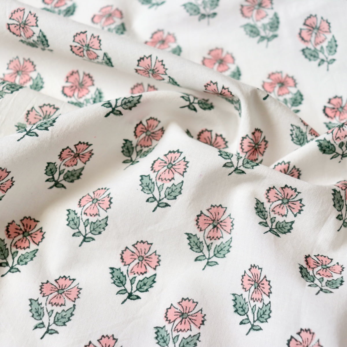 pink flowers hand block printed cotton fabric for quilting and dressmaking 