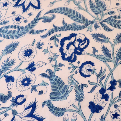 classic blue and white floral hand block print fabric silky cotton by the yard