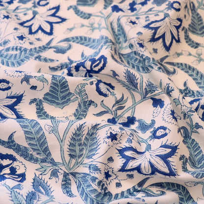 classic blue and white floral hand block print fabric silky cotton by the yard