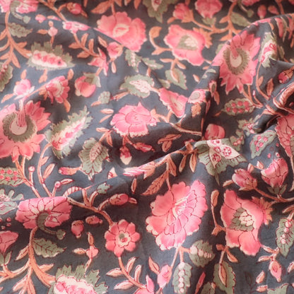 indian block print fabric pink flowers on charcoal gray cotton for quilting and dressmaking