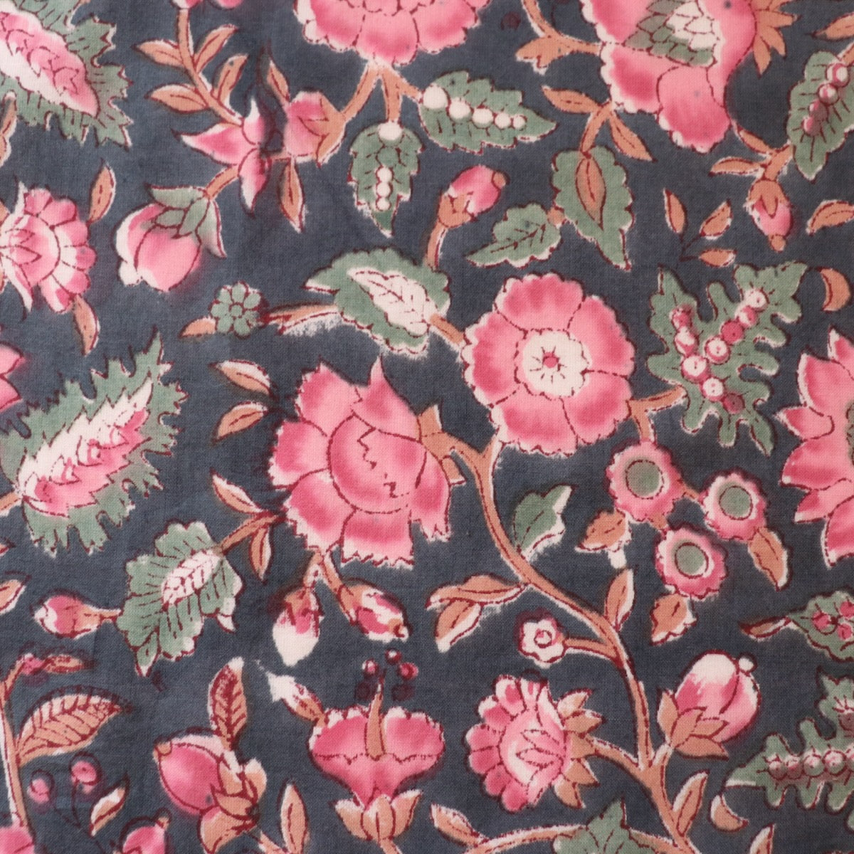 indian block print fabric pink flowers on charcoal gray cotton for quilting and dressmaking