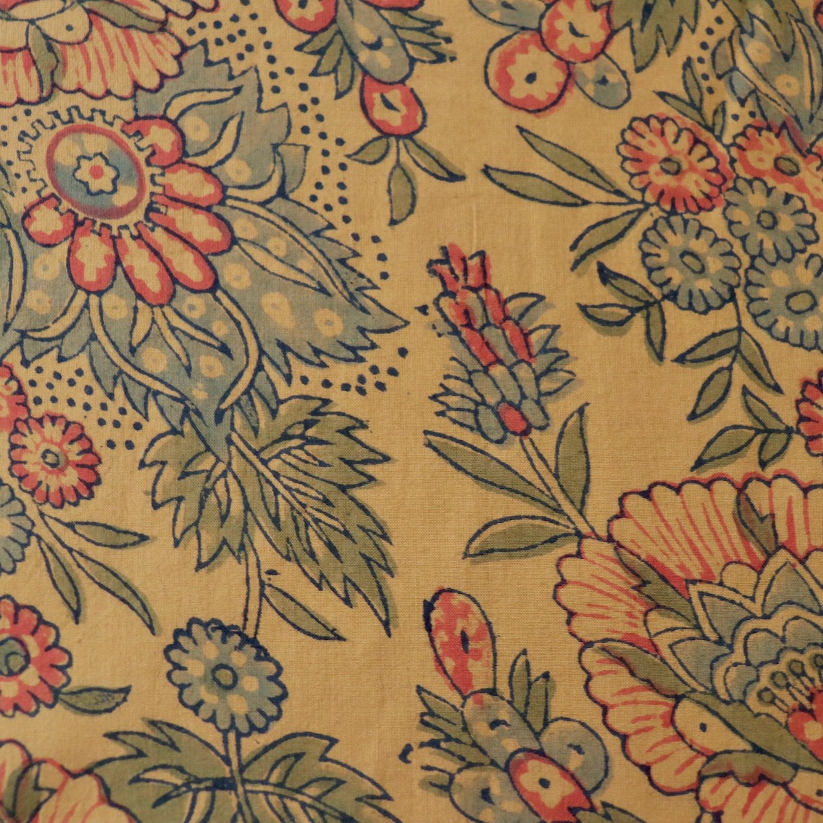 floral hand block print cotton fabric red on mustard yellow