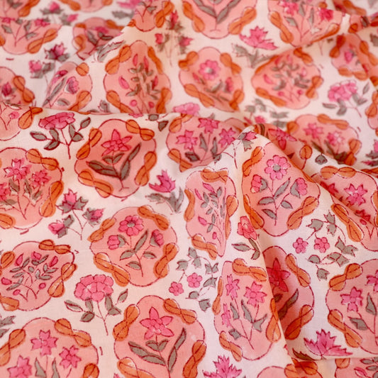 indian block print floral fabric coral pink cotton