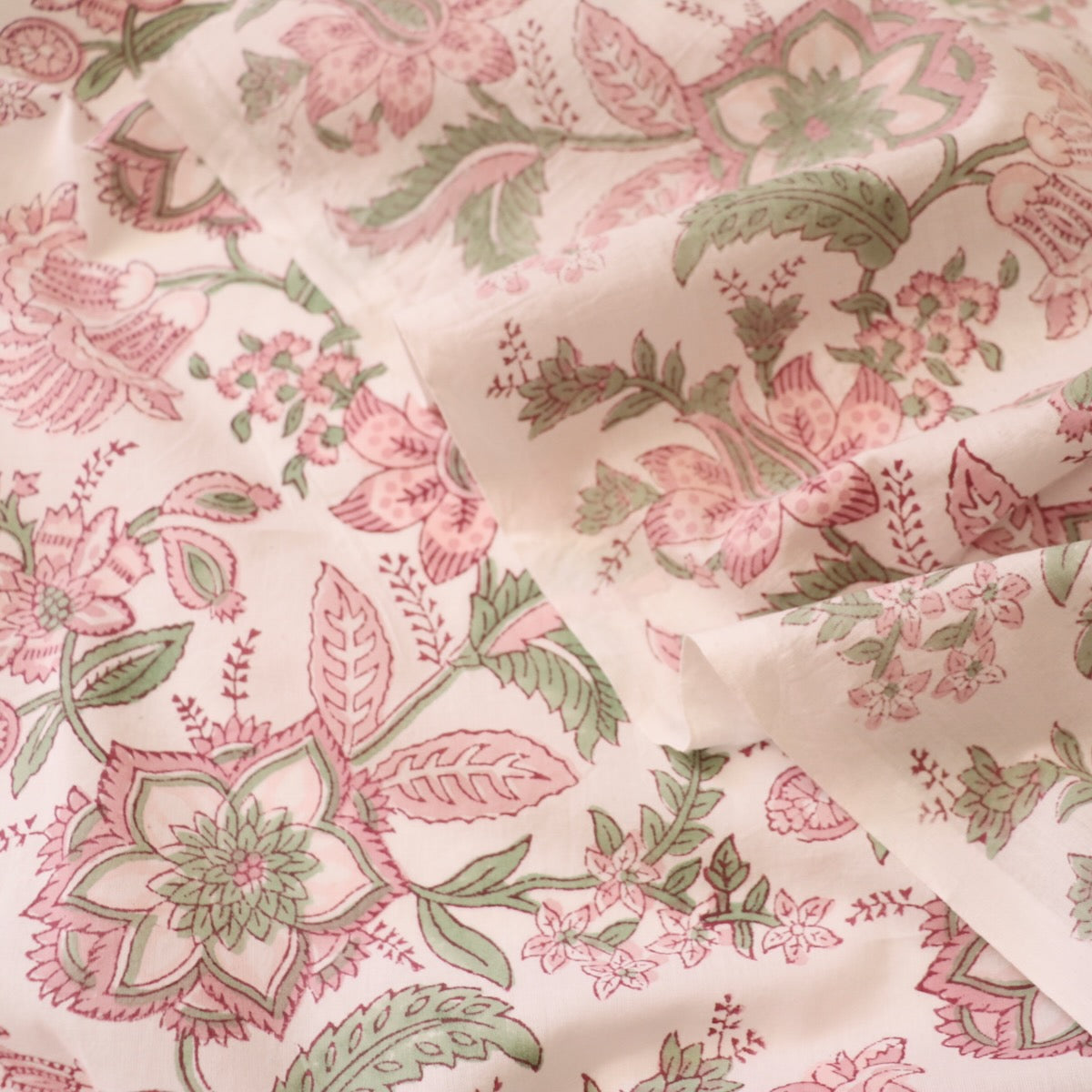 indian hand block printed cotton fabric pink and green floral by the yard