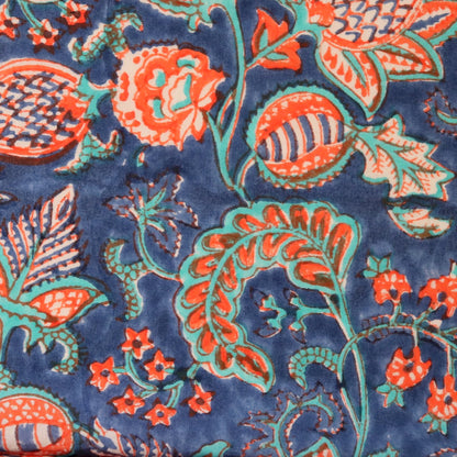 hand block printed cotton fabric bright blue floral yardage from india