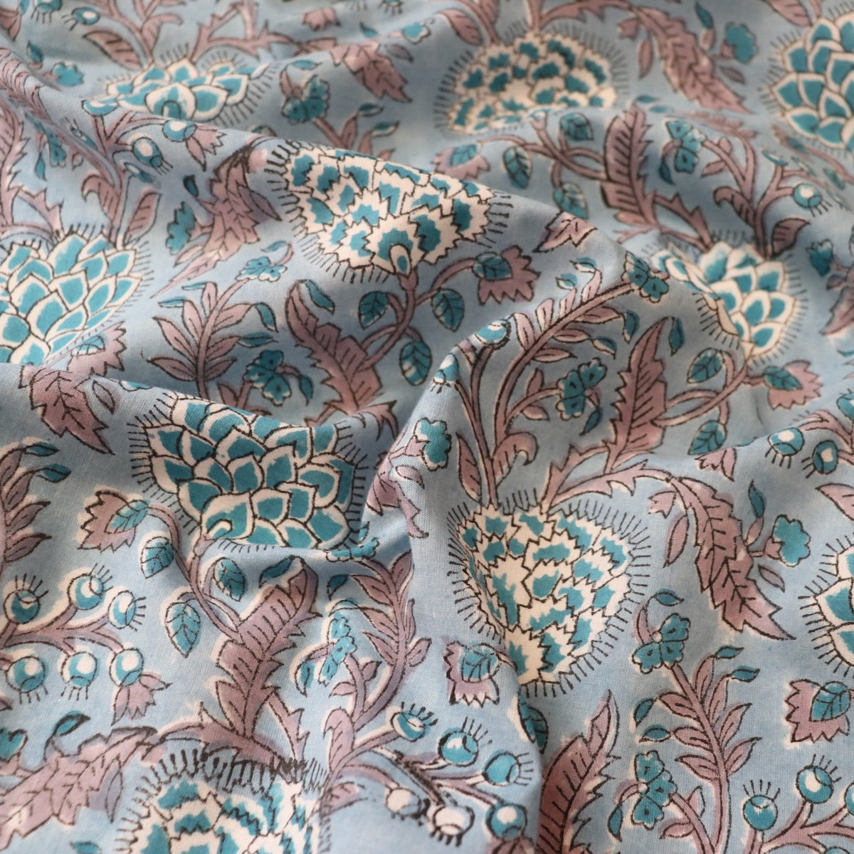 indian hand block printed cotton fabric blue and white floral