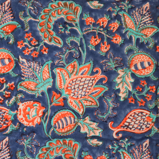 hand block printed cotton fabric bright blue floral yardage from india