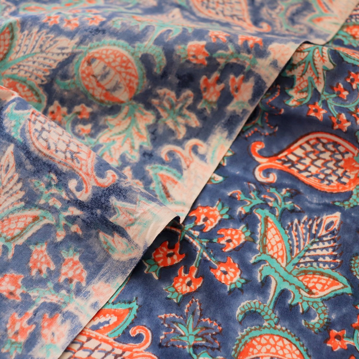 hand block printed cotton fabric bright blue floral yardage from india