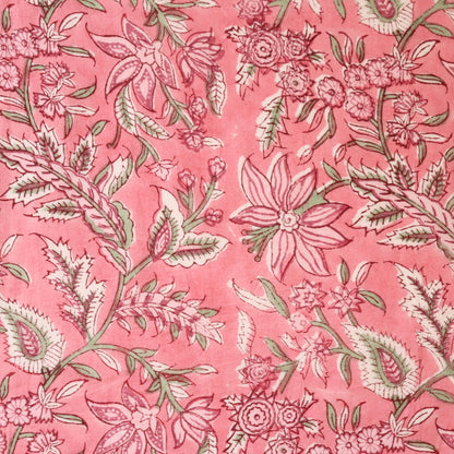 pink floral hand block printed cotton fabric by the yard