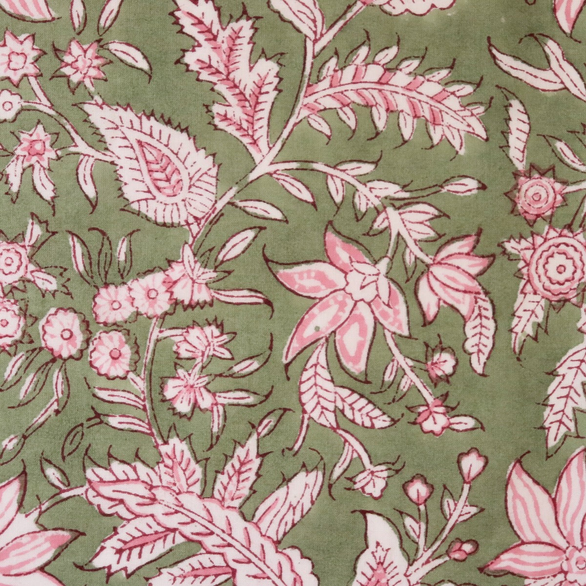 indian hand block printed cotton fabric matcha green with pink flowers