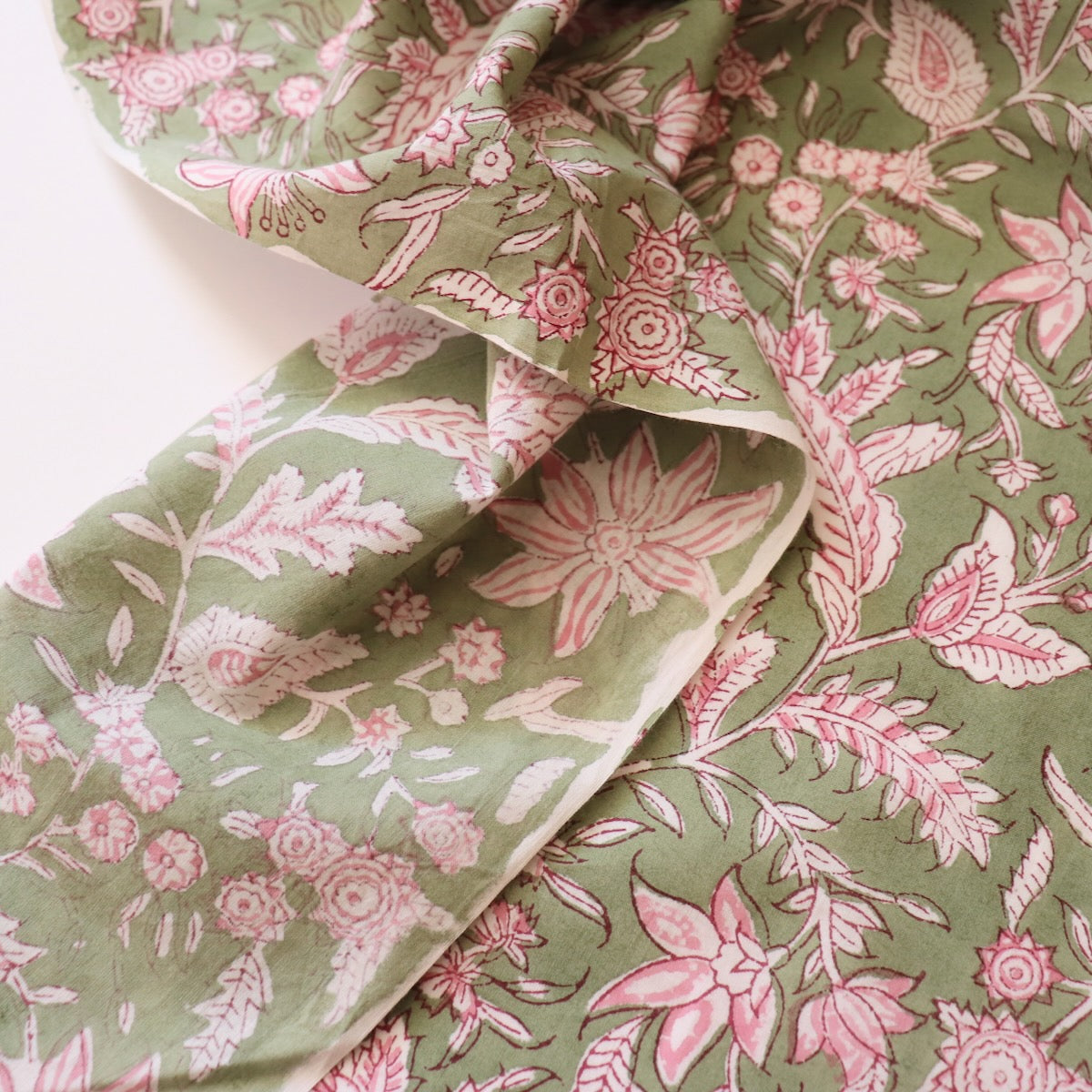 indian hand block printed cotton fabric matcha green with pink flowers