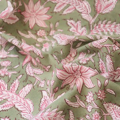 indian hand block printed cotton fabric matcha green with pink flowers