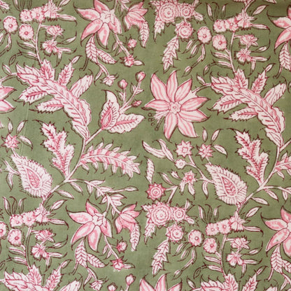 indian hand block printed cotton fabric matcha green with pink flowers