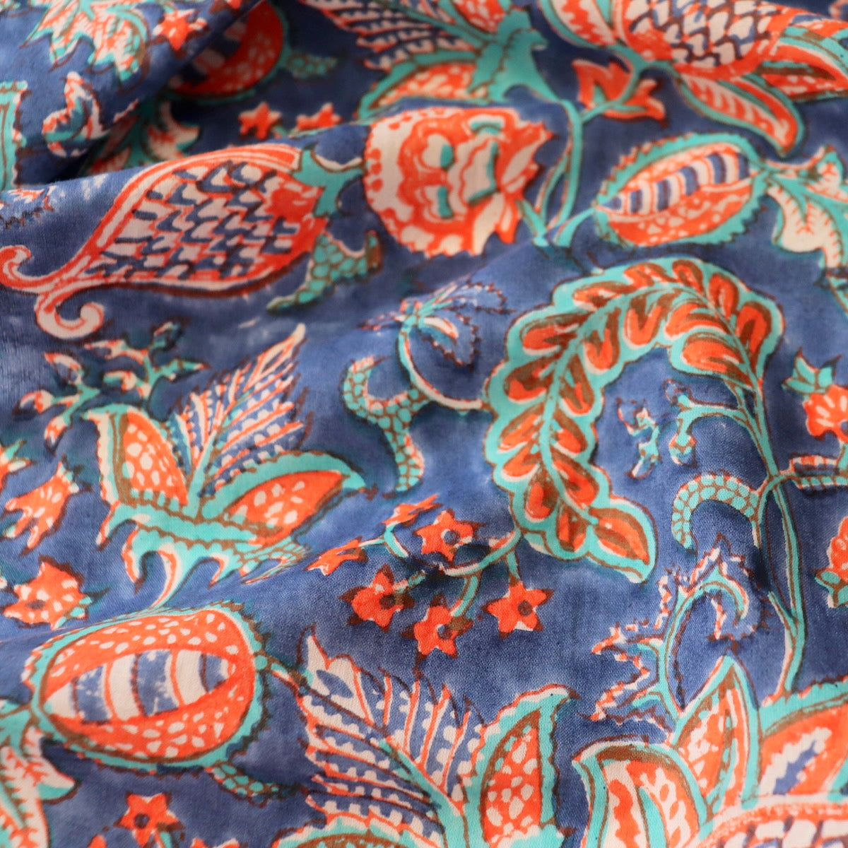 hand block printed cotton fabric bright blue floral yardage from india