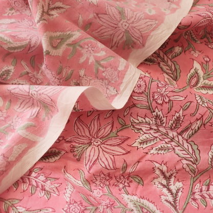 pink floral hand block printed cotton fabric by the yard