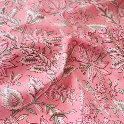 pink floral hand block printed cotton fabric by the yard