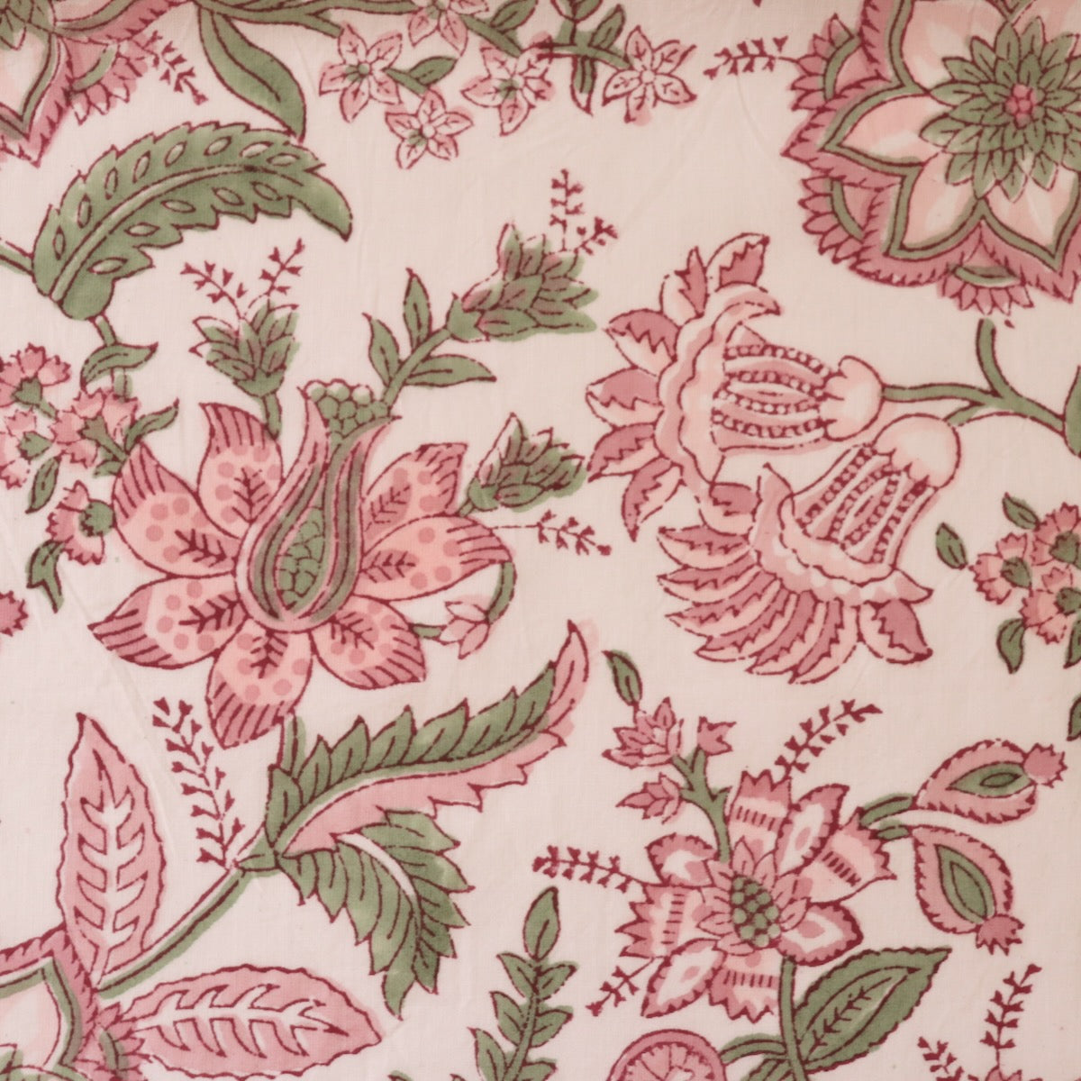 indian hand block printed cotton fabric pink and green floral by the yard