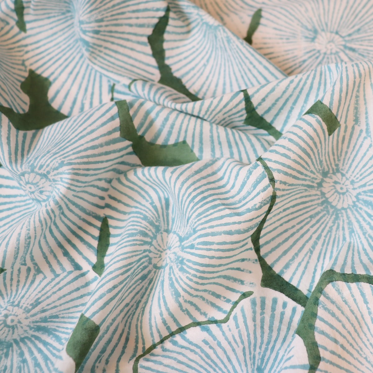 giant floral block print fabric blue and green