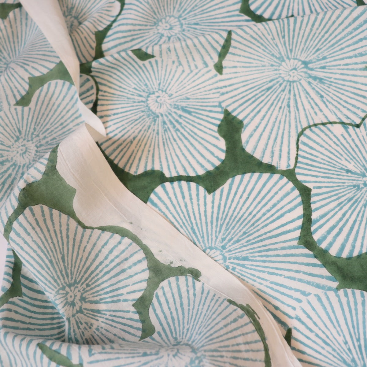 giant floral block print fabric blue and green