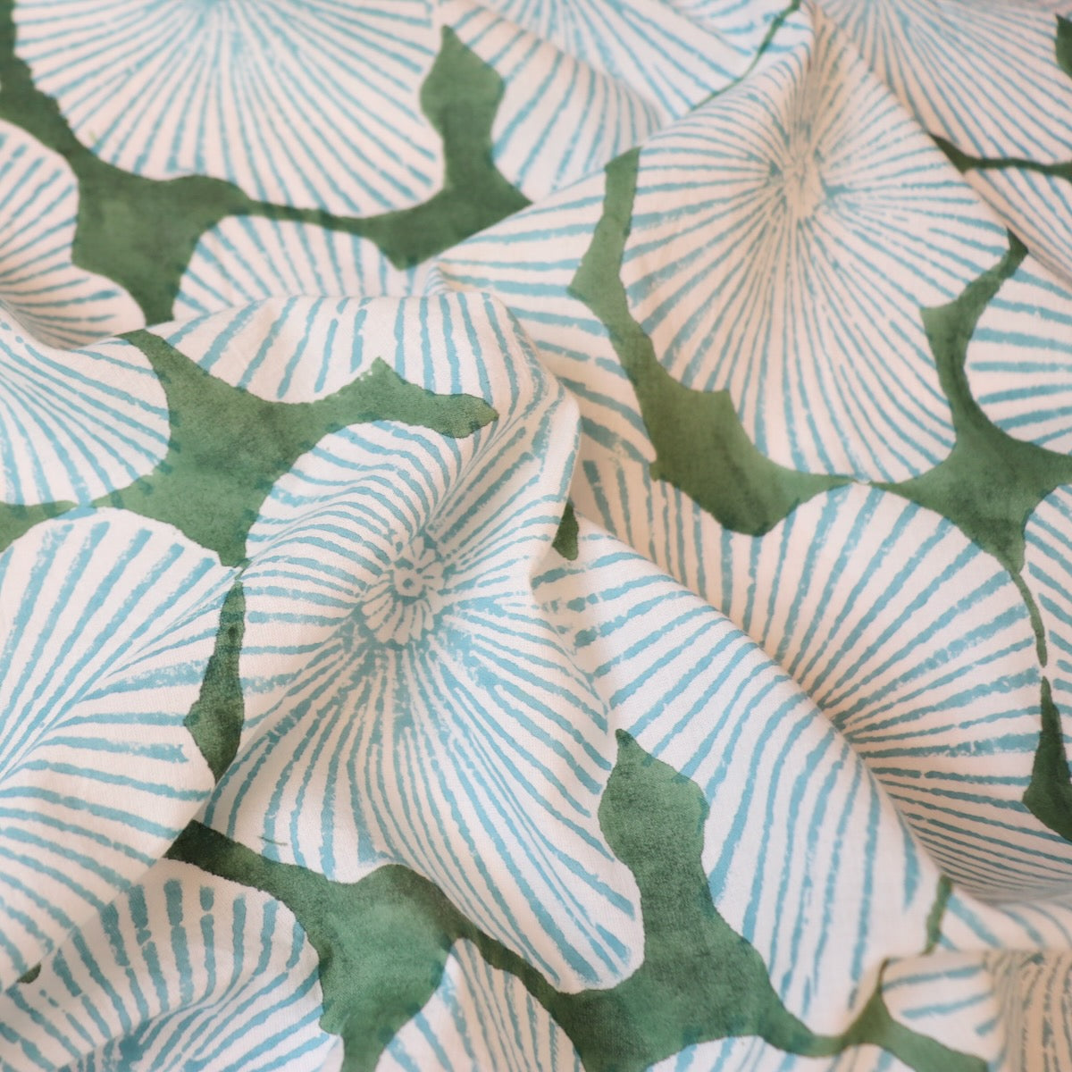 giant floral block print fabric blue and green