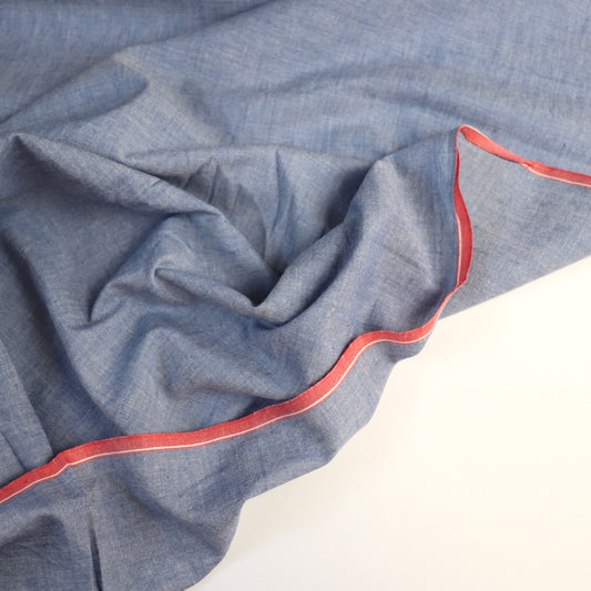 blue cotton chambray fabric handwoven shirting with red selvages