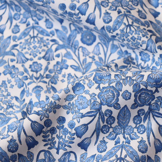 blue and white floral print cotton lawn fabric made in Japan