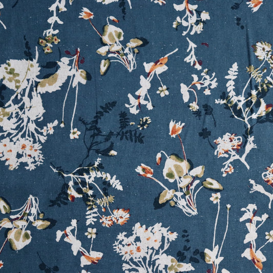 japanese fabric linen cotton blend Hokkoh blue and natural floral print 