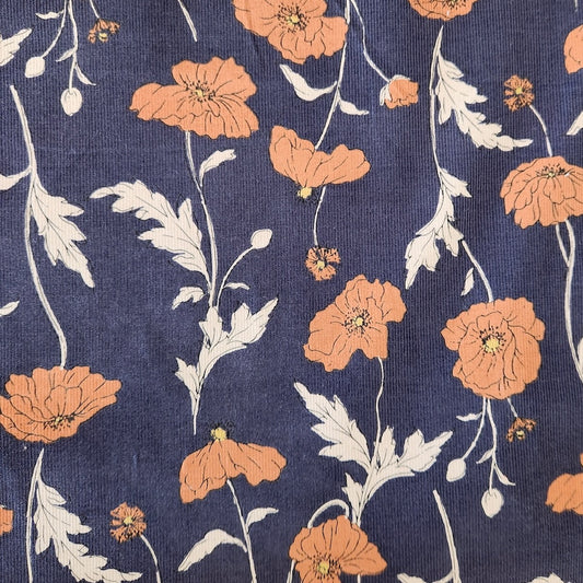 hokkoh poppies fabric cotton pinwale cord blue and orange floral 