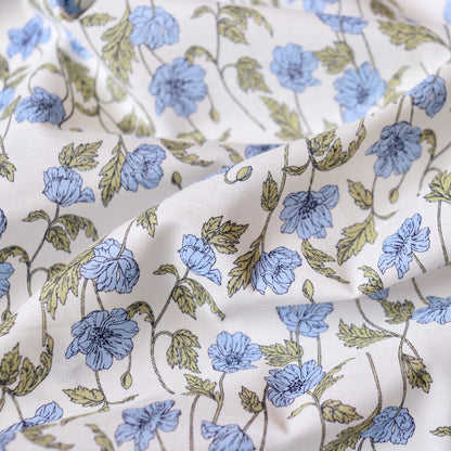 Hokkoh poppies cotton lawn white with blue floral print fine dressmaking fabric from Japan