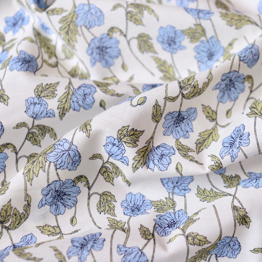 Hokkoh poppies cotton lawn white with blue floral print fine dressmaking fabric from Japan