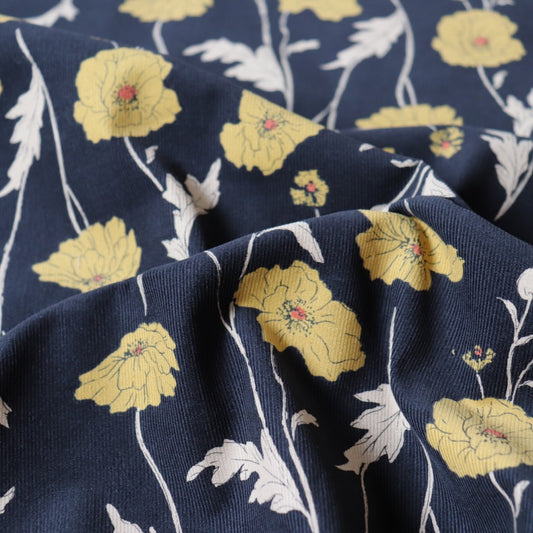 hokkoh poppies fabric cotton pinwale cord black and yellow floral 