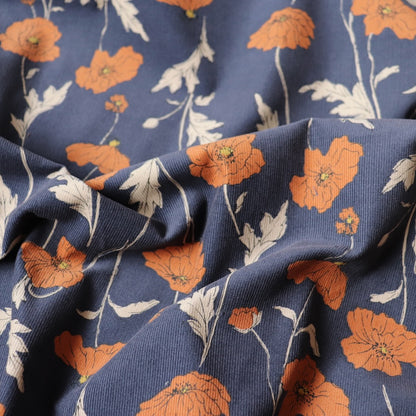 hokkoh poppies fabric cotton pinwale cord blue and orange floral 