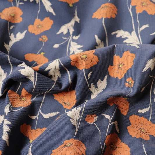 hokkoh poppies fabric cotton pinwale cord blue and orange floral 