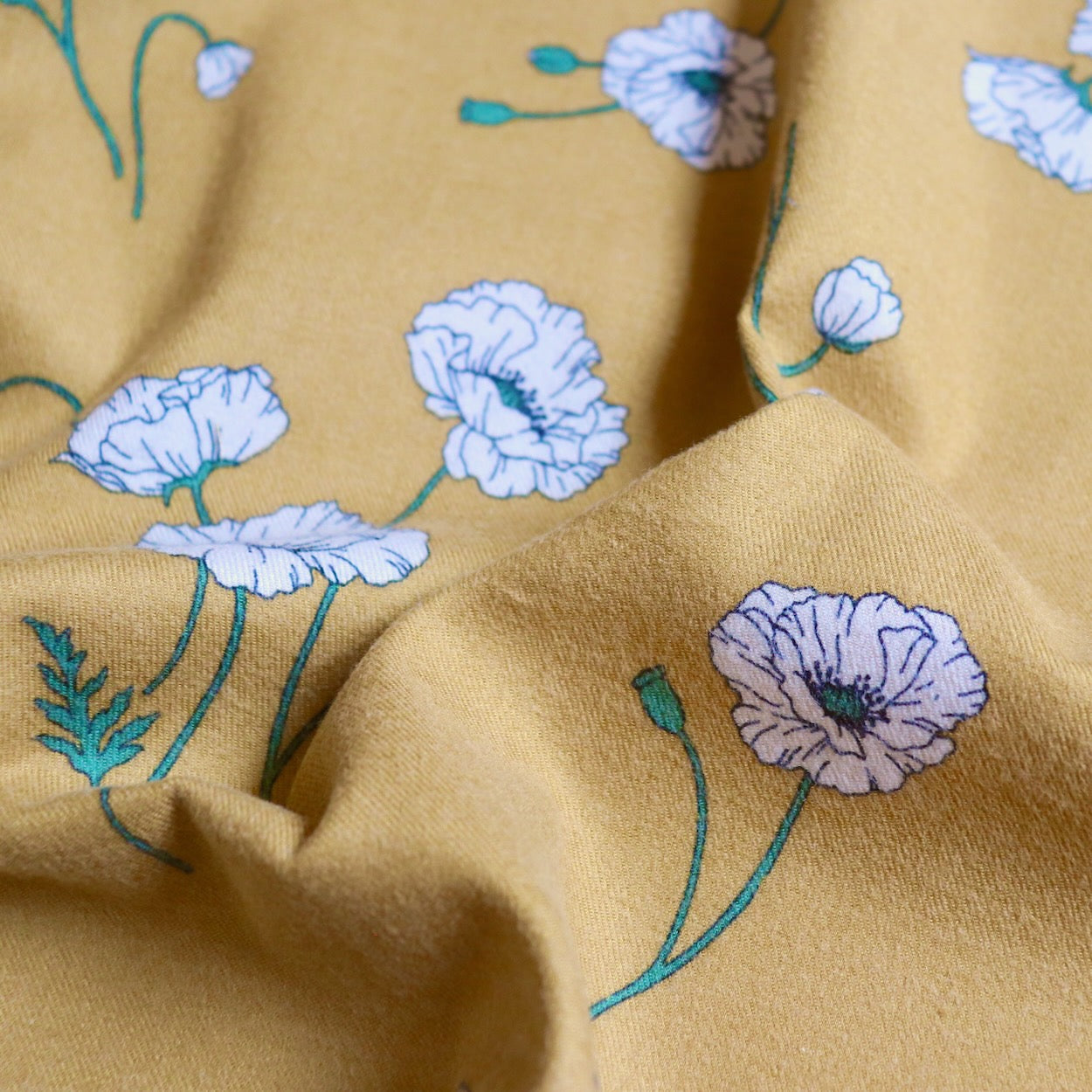 hokkoh poppies print bushed cotton fabric yellow and white flannel by the yard