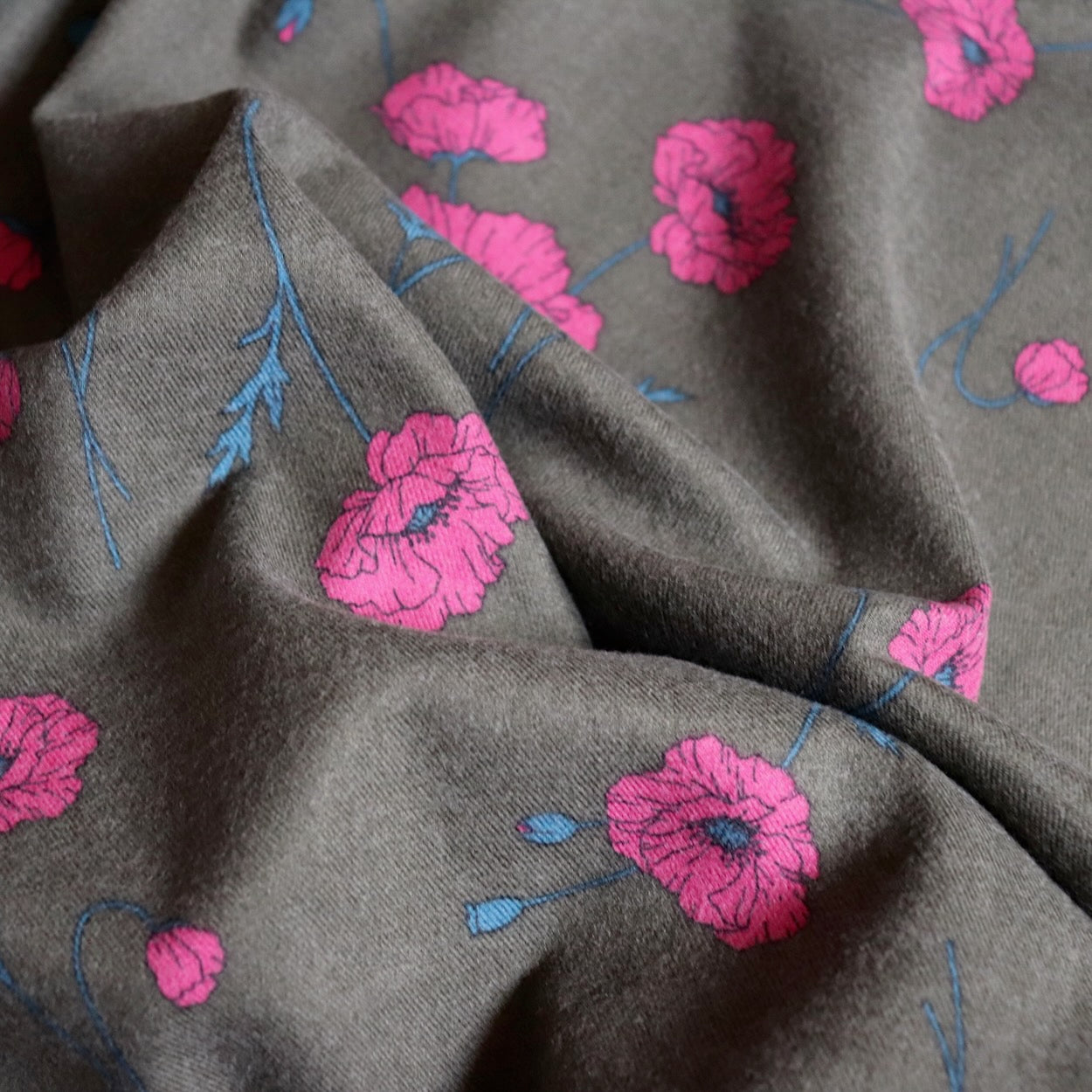 hokkoh poppies print bushed cotton fabric flannel pink and brown 