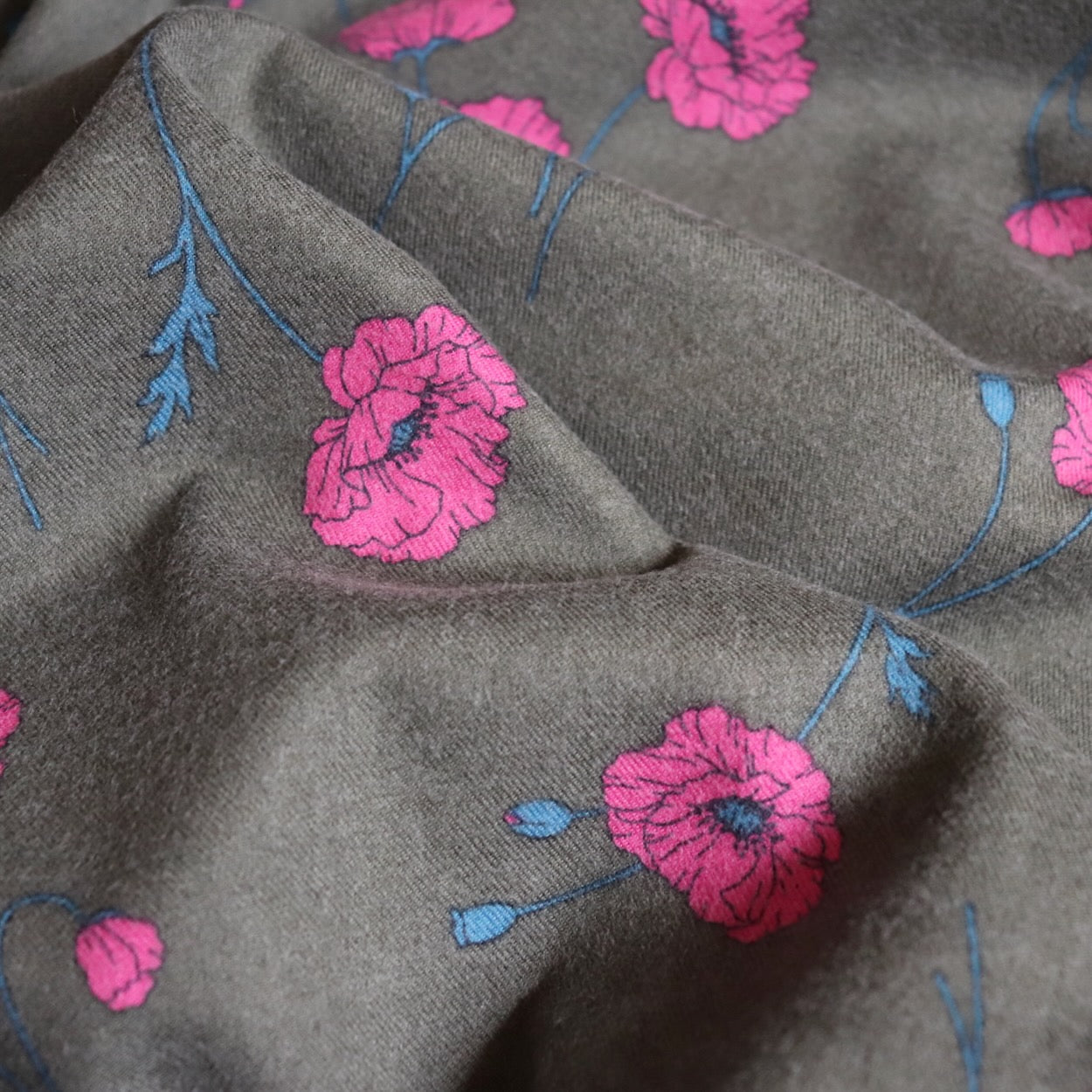 hokkoh poppies print bushed cotton fabric flannel pink and brown 