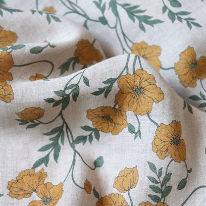 hokkoh poppies linen fabric Japanese dress material yellow floral print