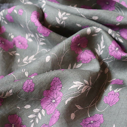 hokkoh poppies linen fabric Japanese dress material purple and brown floral print